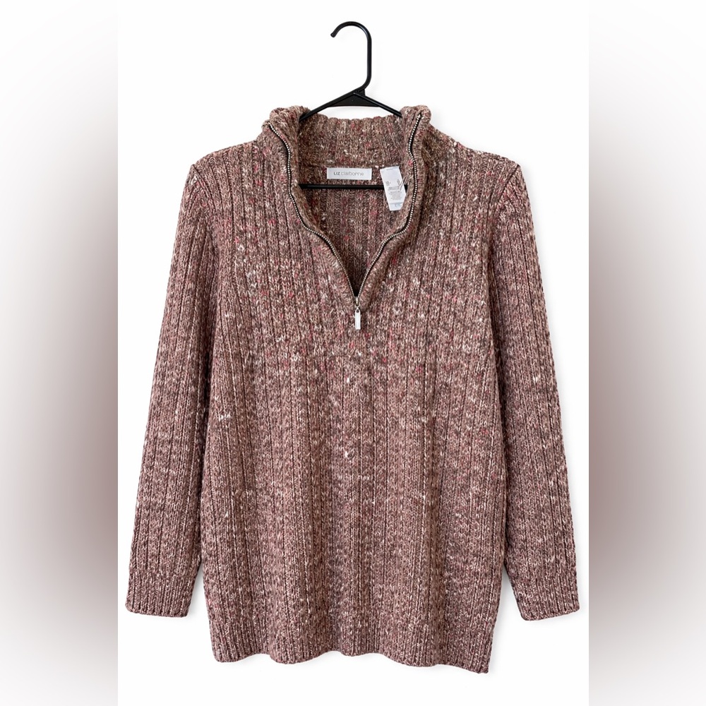 Liz Claiborne XL Chunky Knit Quarter Zip Sweater Brown Flecked Cozy